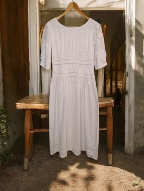 Vintage Handmade Linen Cotton Embroidered Dress By Paper White Gorgeous Detail